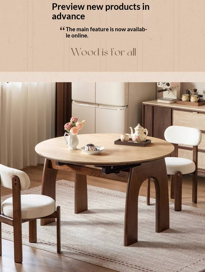 Black Walnut Solid Wood Round Dining Table Expandable Sintered Stone Top