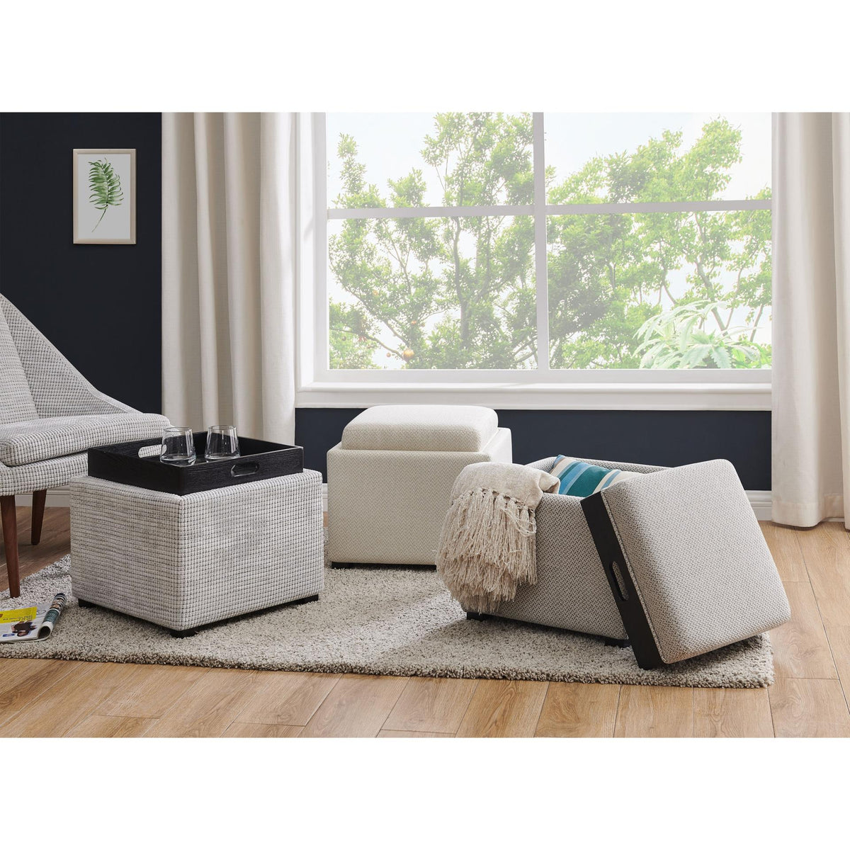 Upholstered Storage Ottoman Cube with Reversible Wooden Tray Top