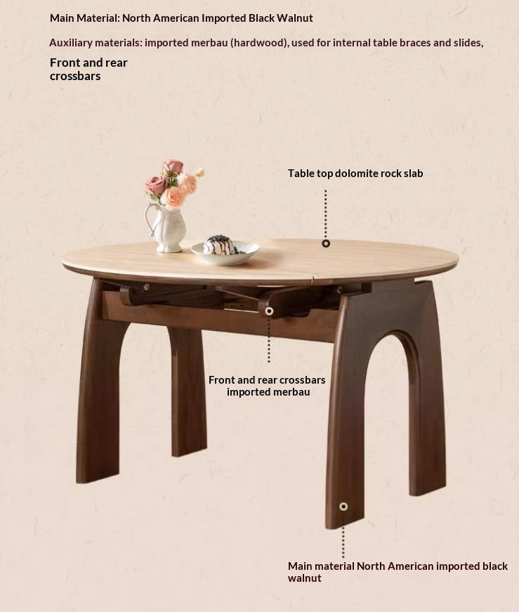 Black Walnut Solid Wood Round Dining Table Expandable Sintered Stone Top