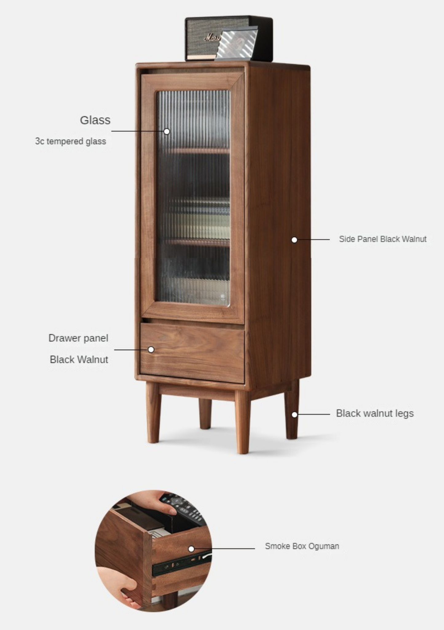Black Walnut Solid Wood Side Cabinet Narrow Vintage Storage