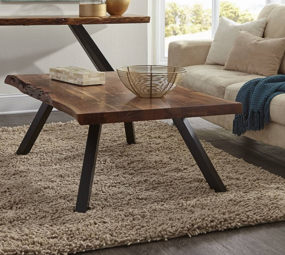 Rustic Live Edge Wood Coffee Table with Black Metal Legs