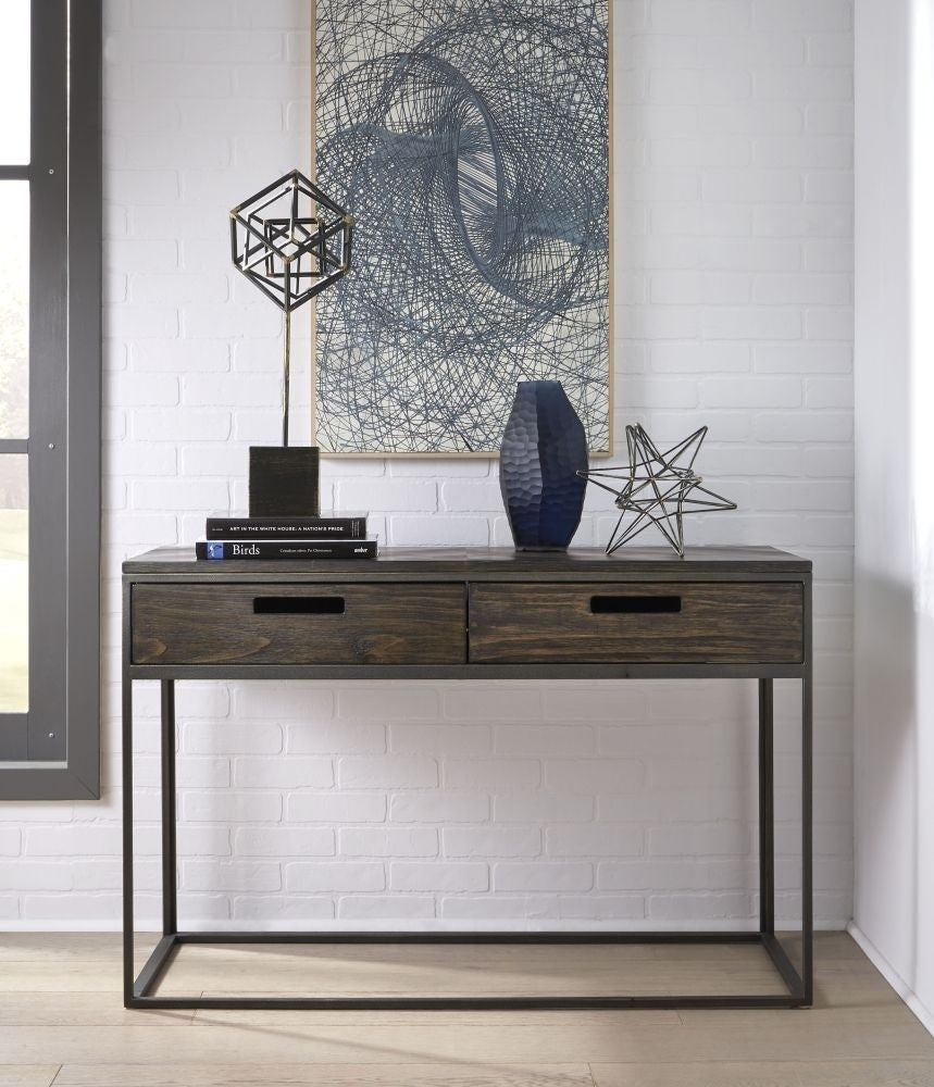 Dark Brown Console Table with 2 Drawers and Metal Frame