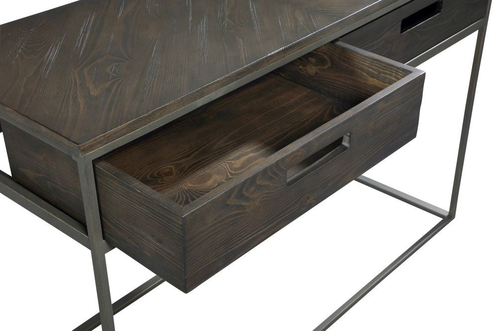 Dark Espresso Wood Console Table with 2 Drawers and Metal Frame