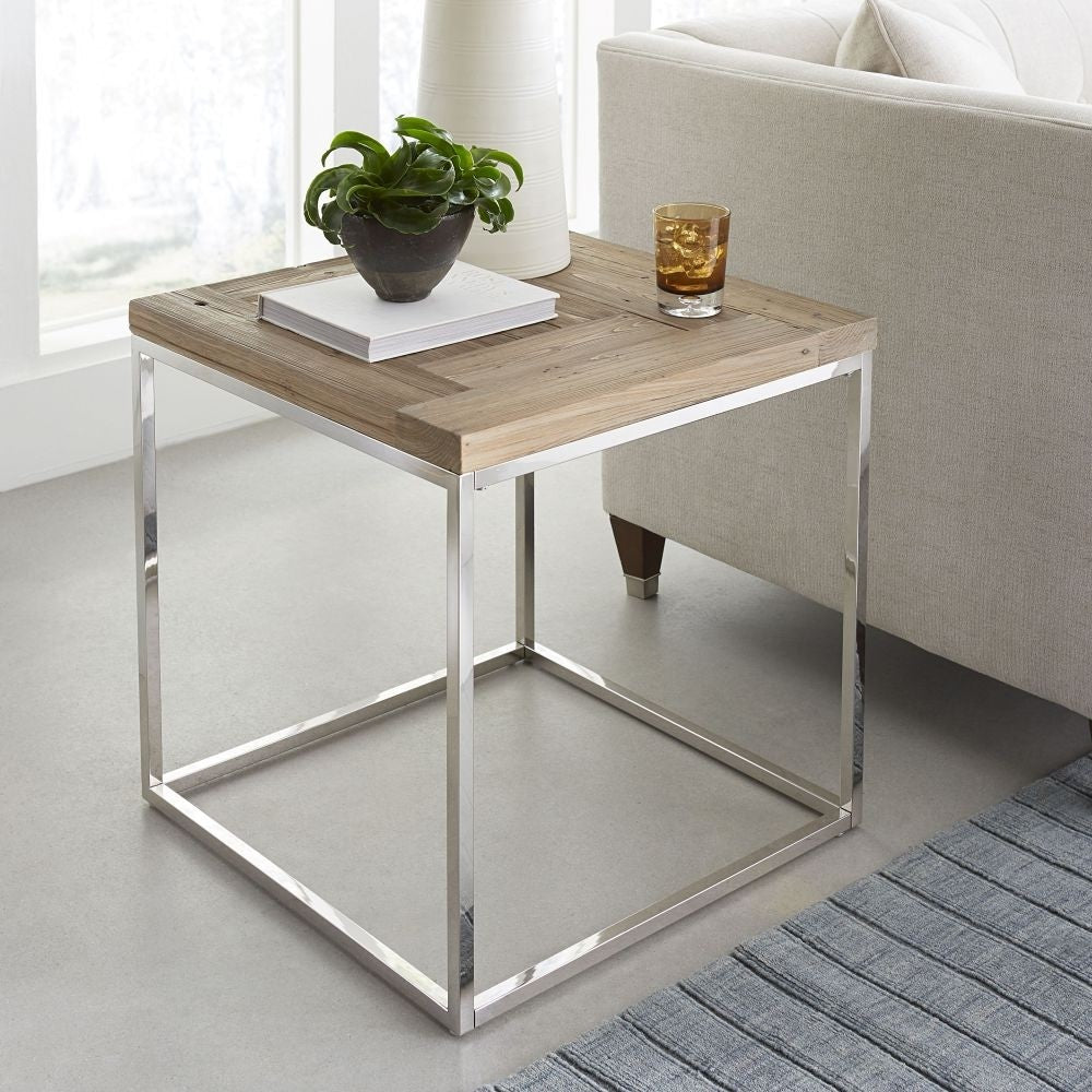 Reclaimed Wood Square End Table with Stainless Steel Base