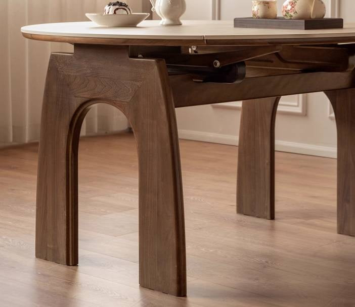 Black Walnut Solid Wood Round Dining Table Expandable Sintered Stone Top