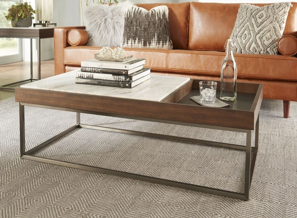 Modern Marble Top Coffee Table with Integrated Storage Tray