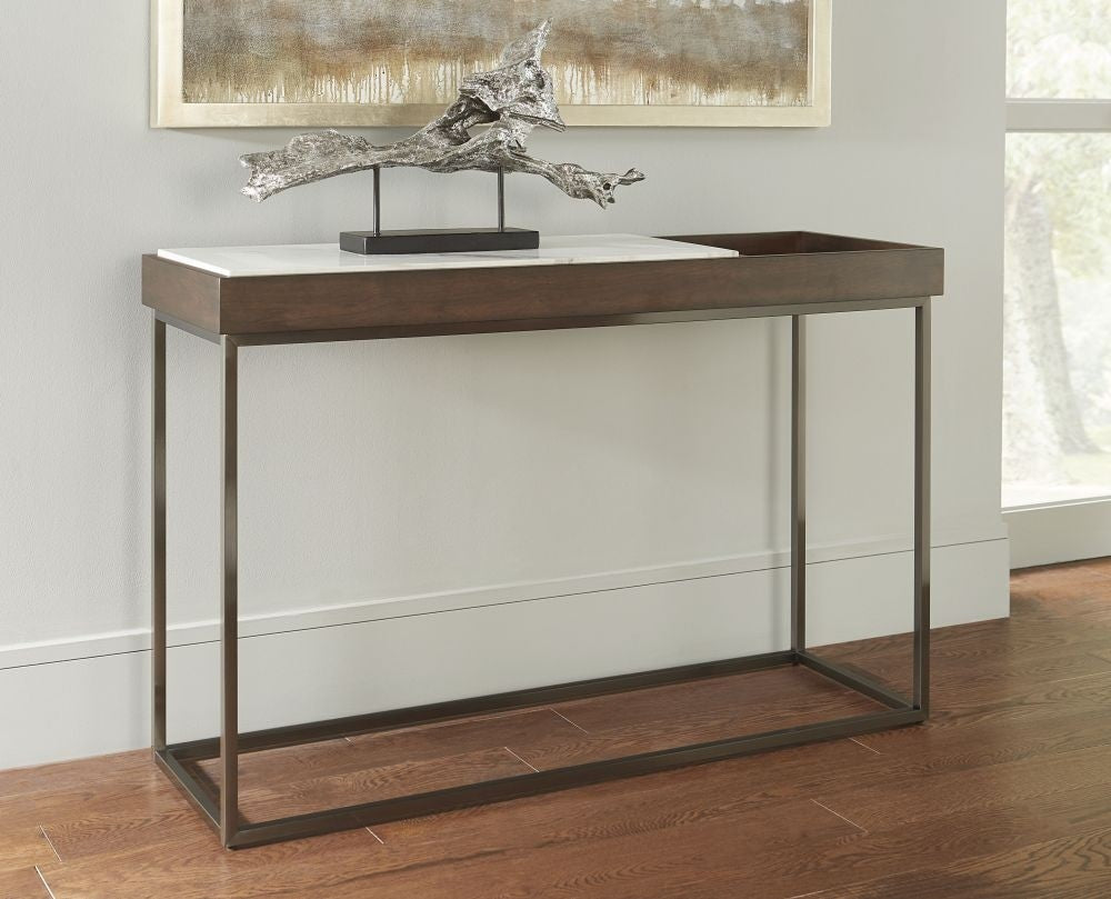 Dark Brown Console Table with Marble-Look Top and Metal Frame