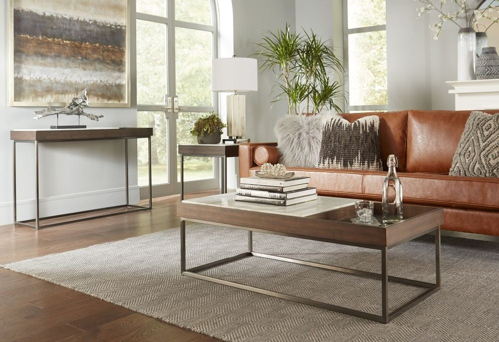 Marble and Walnut Brown Console Table with Integrated Wooden Catch-All Tray