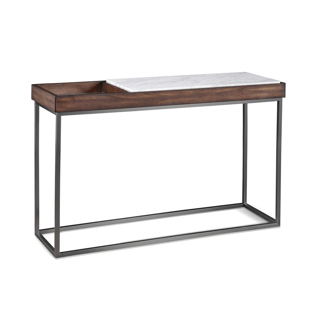 Marble and Walnut Brown Console Table with Integrated Wooden Catch-All Tray