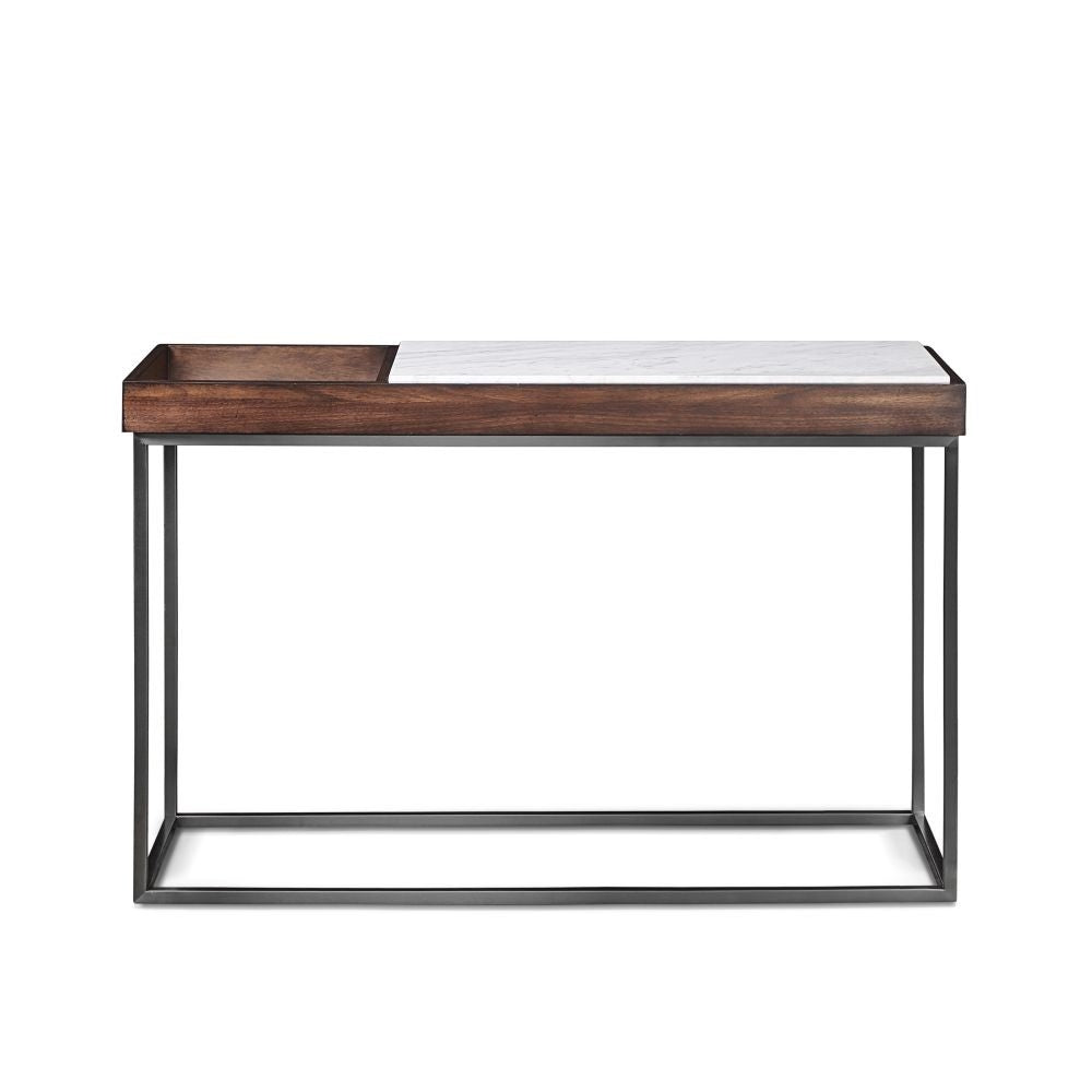 Marble and Walnut Brown Console Table with Integrated Wooden Catch-All Tray