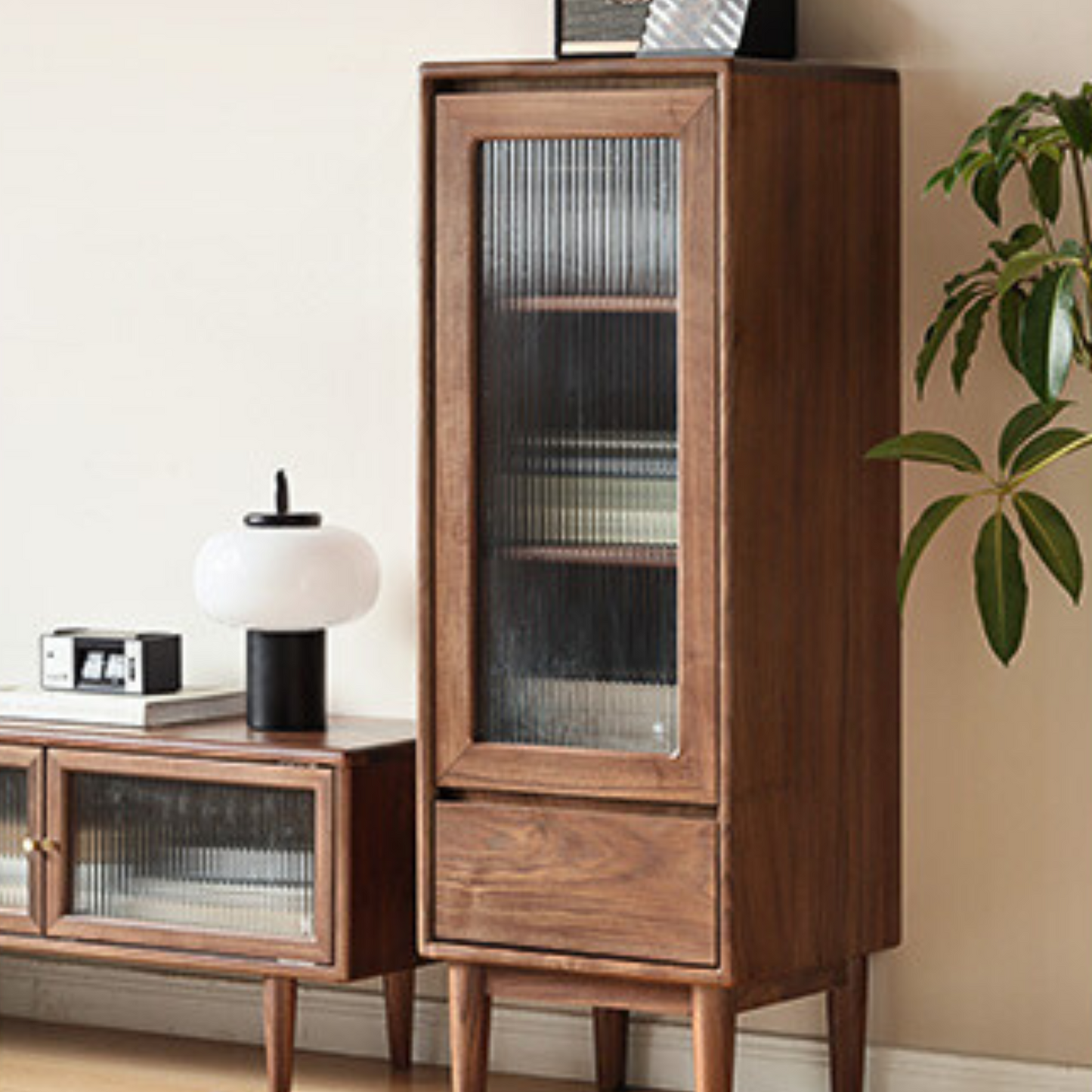 Black Walnut Solid Wood Side Cabinet Narrow Vintage Storage