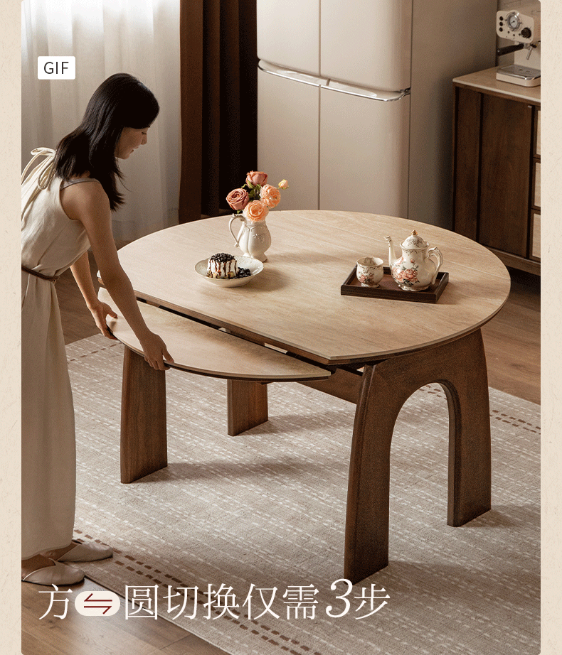 Black Walnut Solid Wood Round Dining Table Expandable Sintered Stone Top