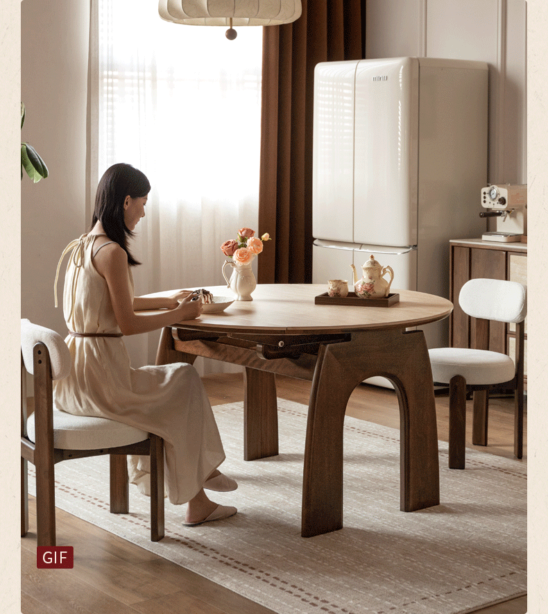 Black Walnut Solid Wood Round Dining Table Expandable Sintered Stone Top
