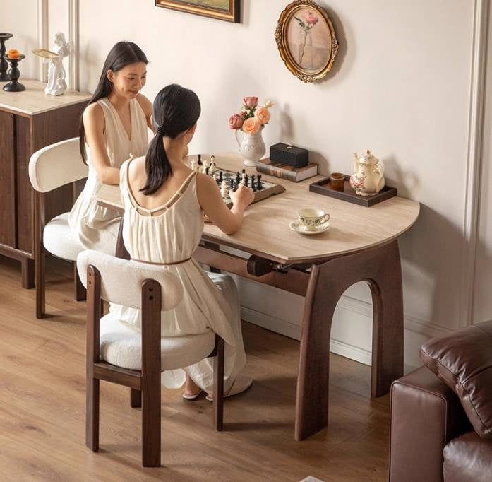 Black Walnut Solid Wood Round Dining Table Expandable Sintered Stone Top