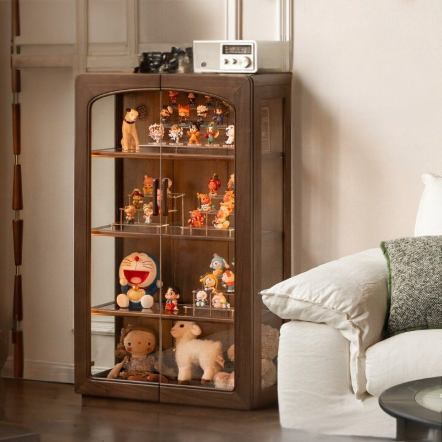 Black Walnut Solid Wood Side Cabinet with LED Lighting and Glass Panels