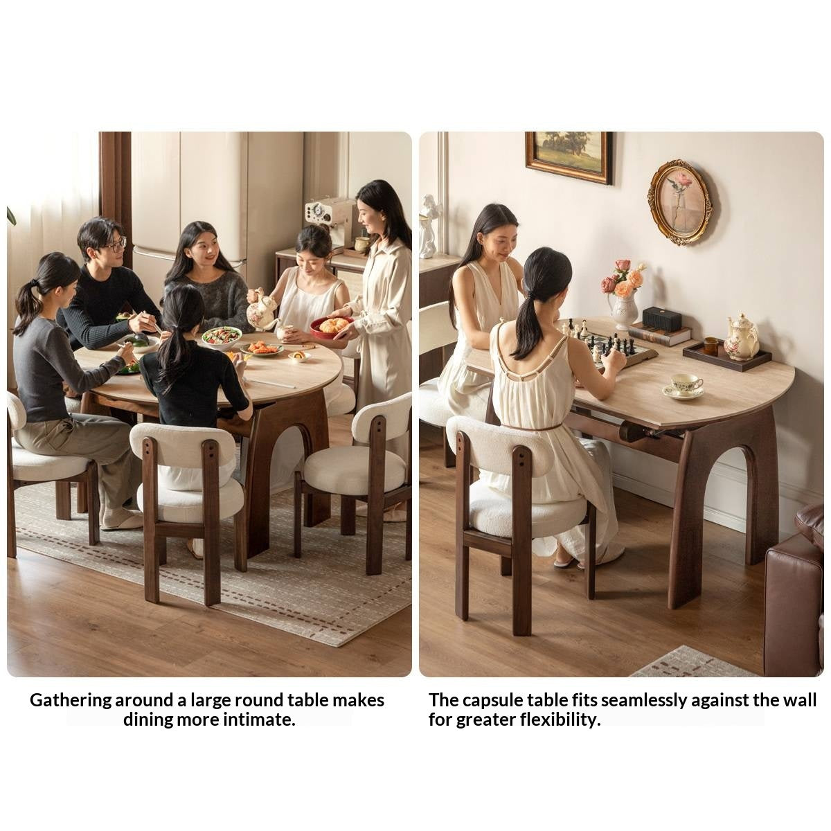Black Walnut Solid Wood Round Dining Table Expandable Sintered Stone Top