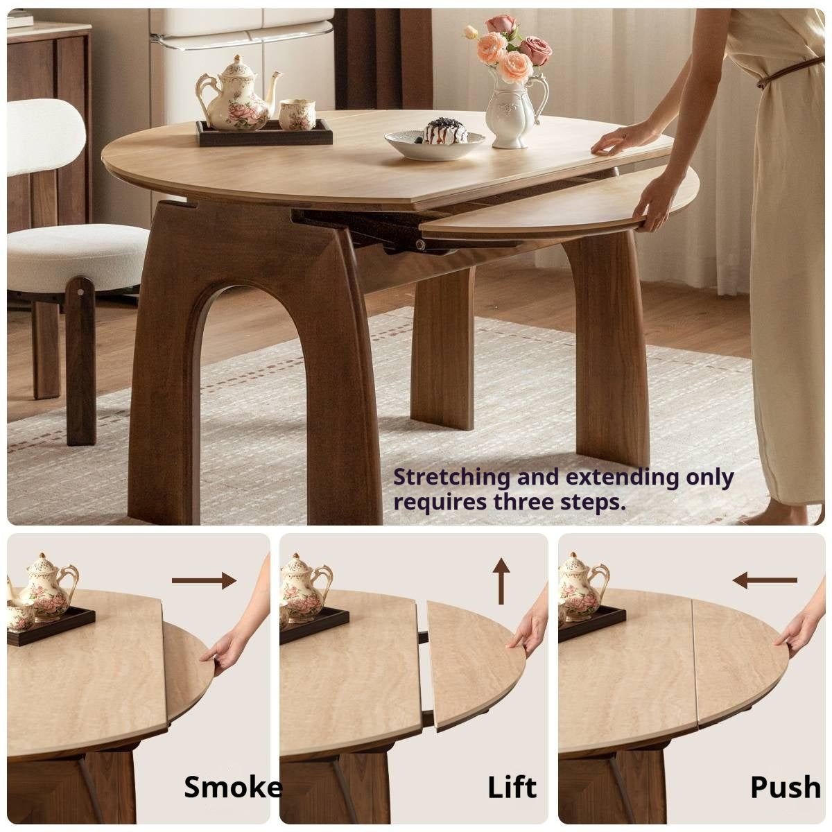 Black Walnut Solid Wood Round Dining Table Expandable Sintered Stone Top