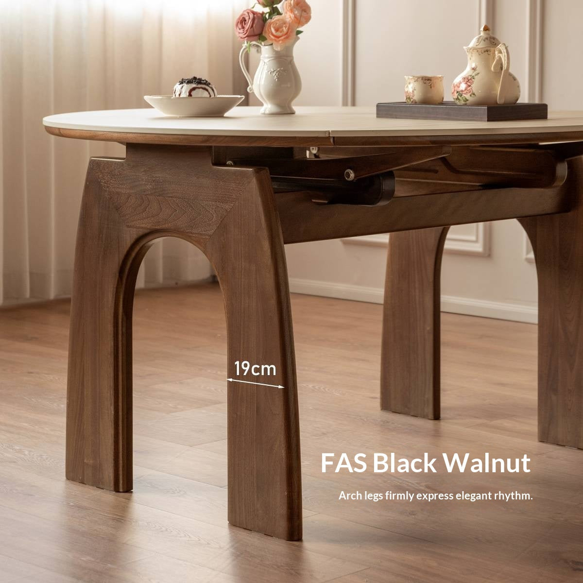 Black Walnut Solid Wood Round Dining Table Expandable Sintered Stone Top