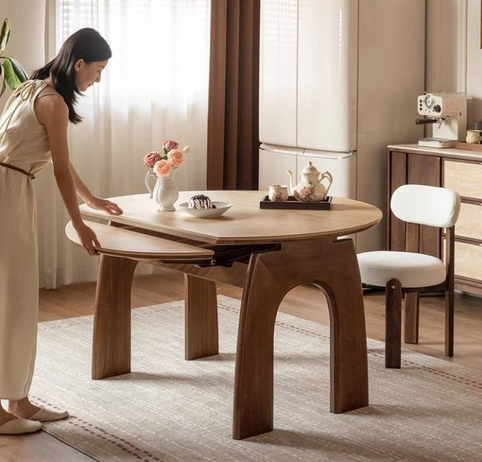 Black Walnut Solid Wood Round Dining Table Expandable Sintered Stone Top